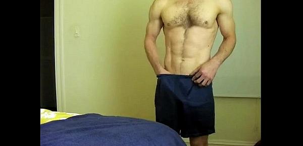  toned slightly hairy chest guy strip-jo-cum on standing
